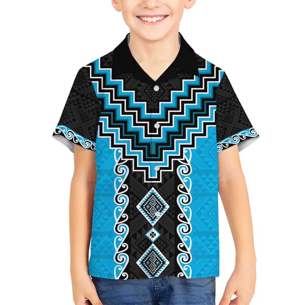Sky Blue Niho Taniwha Mix Poutama Family Matching Long Sleeve Bodycon Dress and Hawaiian Shirt Unique Taniko Aotearoa