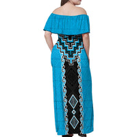 Sky Blue Niho Taniwha Mix Poutama Family Matching Off Shoulder Maxi Dress and Hawaiian Shirt Unique Taniko Aotearoa