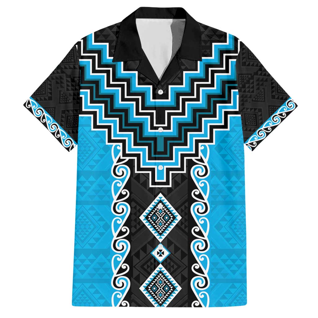 Sky Blue Niho Taniwha Mix Poutama Family Matching Short Sleeve Bodycon Dress and Hawaiian Shirt Unique Taniko Aotearoa
