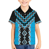 Sky Blue Niho Taniwha Mix Poutama Family Matching Short Sleeve Bodycon Dress and Hawaiian Shirt Unique Taniko Aotearoa