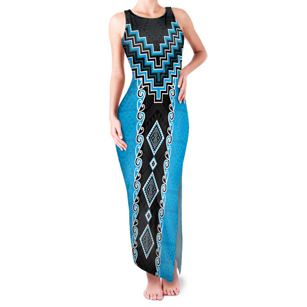 Sky Blue Niho Taniwha Mix Poutama Family Matching Tank Maxi Dress and Hawaiian Shirt Unique Taniko Aotearoa