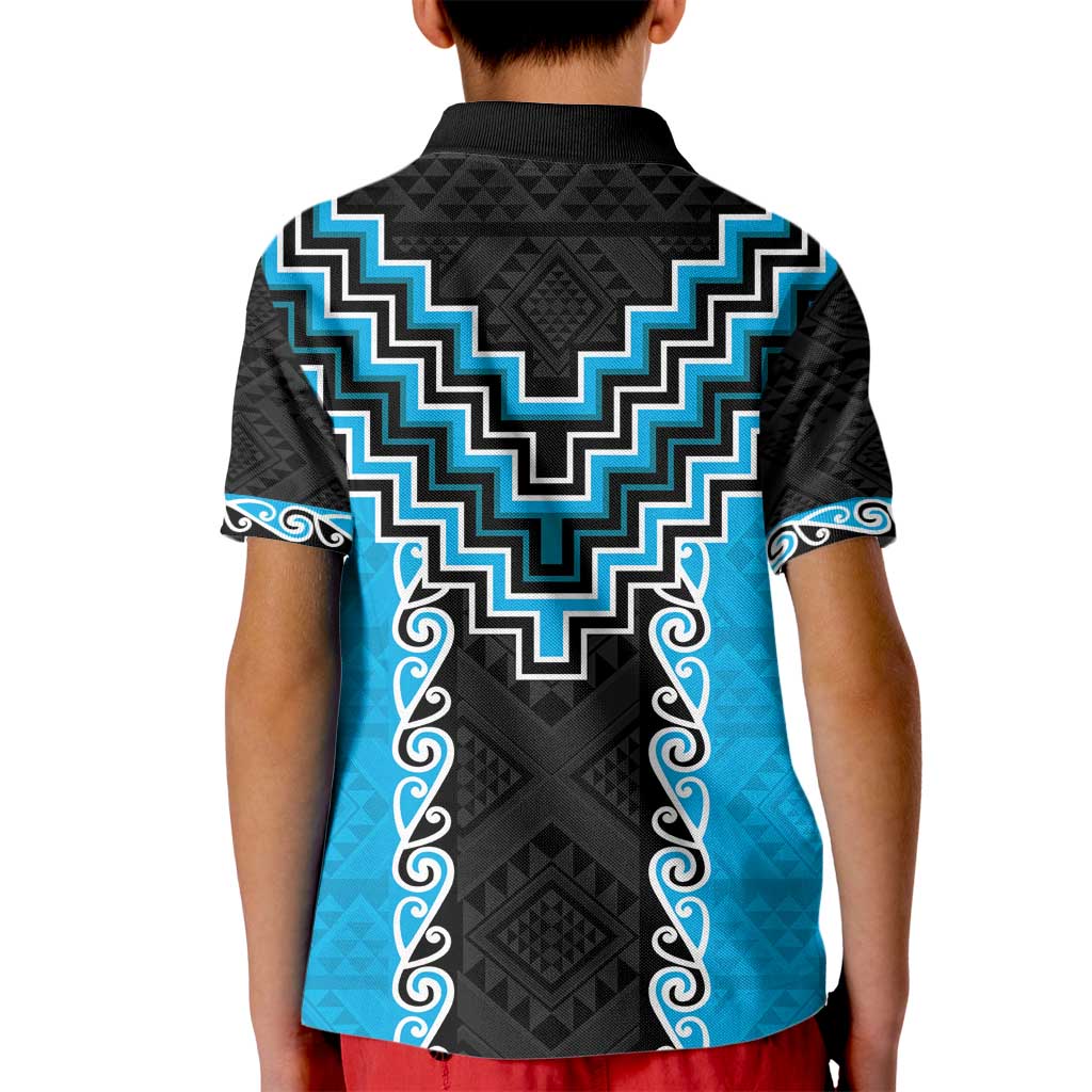 Sky Blue Niho Taniwha Mix Poutama Kid Polo Shirt Unique Taniko Aotearoa