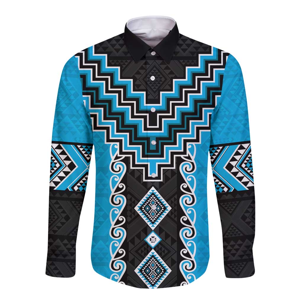Sky Blue Niho Taniwha Mix Poutama Long Sleeve Button Shirt Unique Taniko Aotearoa LT01 Unisex Sky Blue - Polynesian Pride