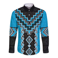 Sky Blue Niho Taniwha Mix Poutama Long Sleeve Button Shirt Unique Taniko Aotearoa LT01 Unisex Sky Blue - Polynesian Pride