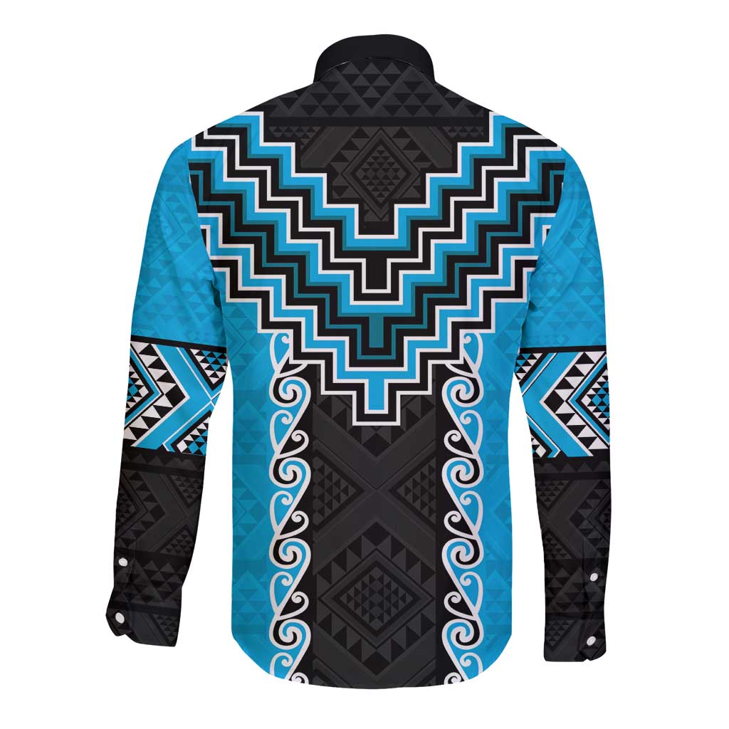 Sky Blue Niho Taniwha Mix Poutama Long Sleeve Button Shirt Unique Taniko Aotearoa LT01 - Polynesian Pride