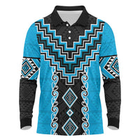Sky Blue Niho Taniwha Mix Poutama Long Sleeve Polo Shirt Unique Taniko Aotearoa