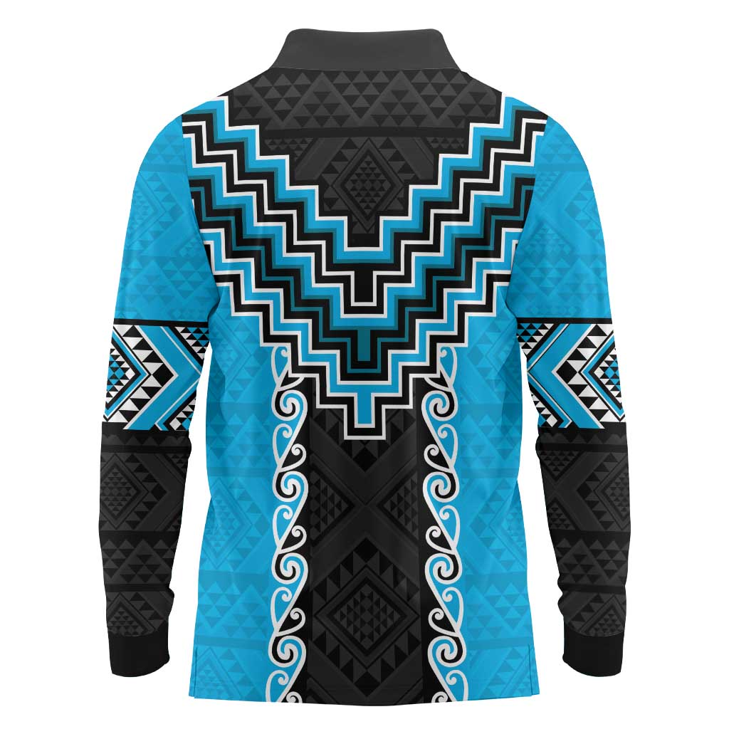 Sky Blue Niho Taniwha Mix Poutama Long Sleeve Polo Shirt Unique Taniko Aotearoa