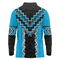 Sky Blue Niho Taniwha Mix Poutama Long Sleeve Polo Shirt Unique Taniko Aotearoa