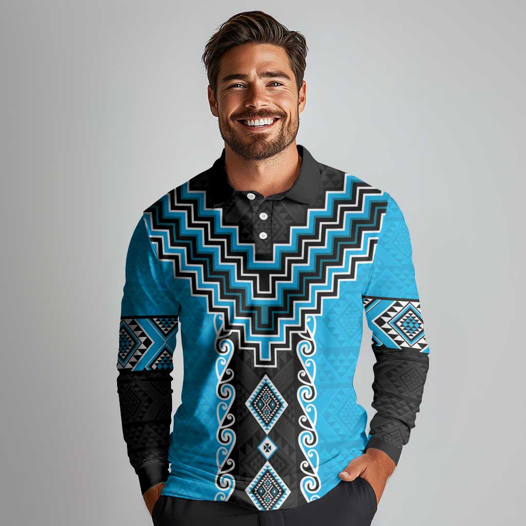 Sky Blue Niho Taniwha Mix Poutama Long Sleeve Polo Shirt Unique Taniko Aotearoa