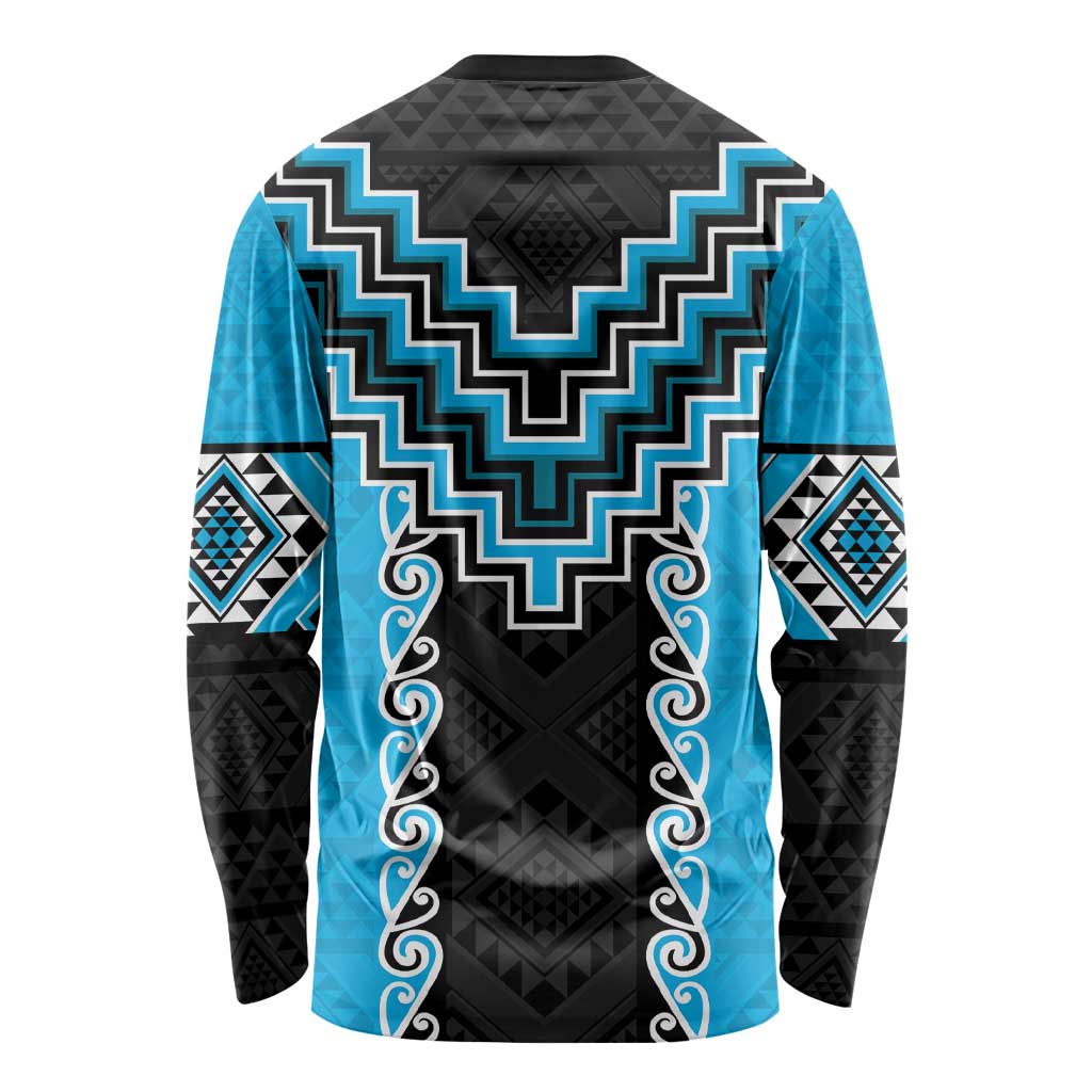 Sky Blue Niho Taniwha Mix Poutama Long Sleeve Shirt Unique Taniko Aotearoa