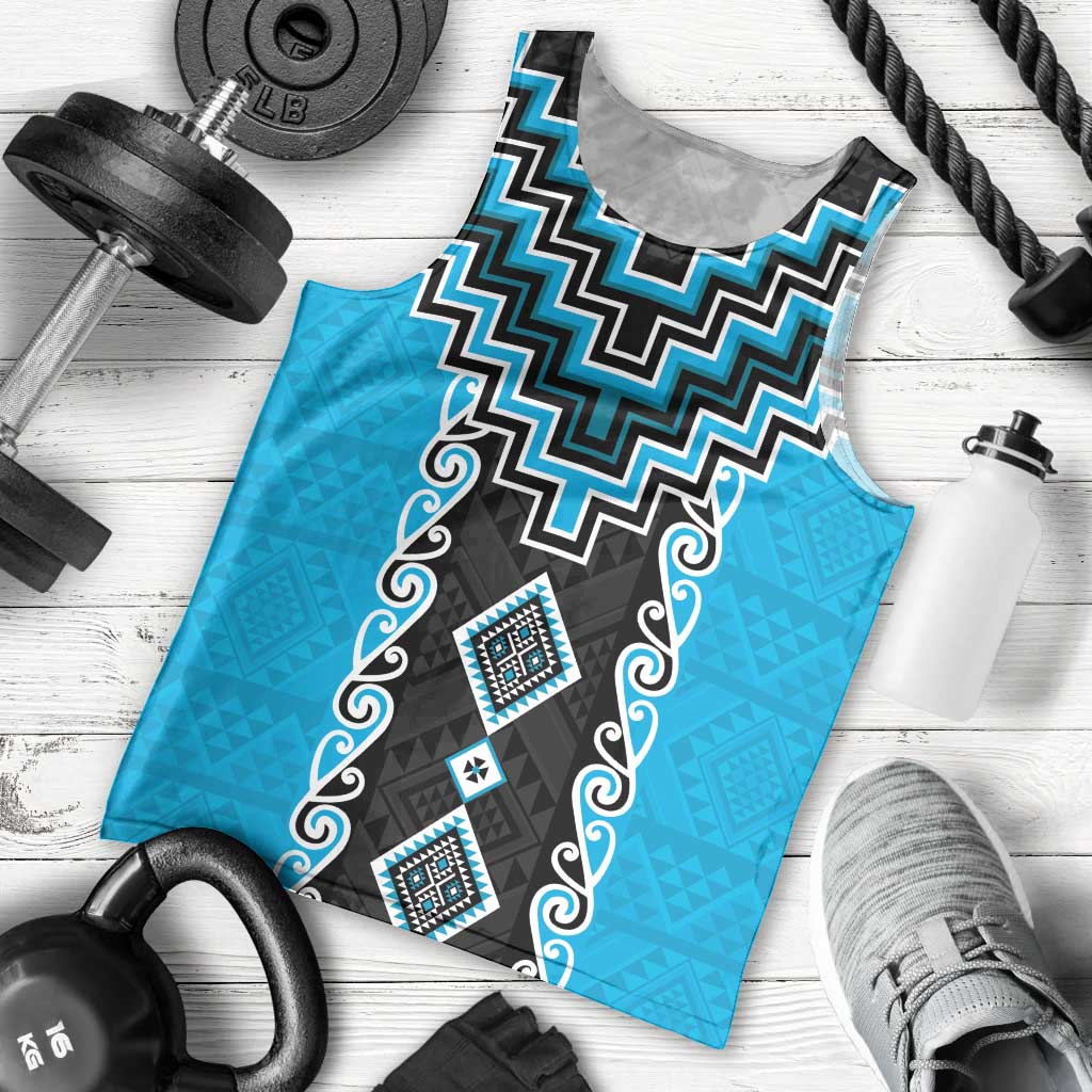Sky Blue Niho Taniwha Mix Poutama Men Tank Top Unique Taniko Aotearoa LT01 - Polynesian Pride