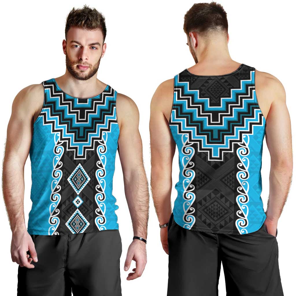 Sky Blue Niho Taniwha Mix Poutama Men Tank Top Unique Taniko Aotearoa LT01 - Polynesian Pride