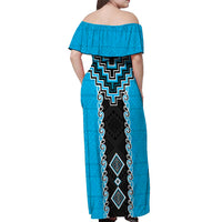 Sky Blue Niho Taniwha Mix Poutama Off Shoulder Maxi Dress Unique Taniko Aotearoa