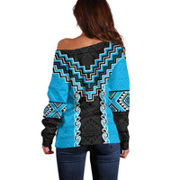 Sky Blue Niho Taniwha Mix Poutama Off Shoulder Sweater Unique Taniko Aotearoa