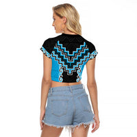 Sky Blue Niho Taniwha Mix Poutama Raglan Cropped T Shirt Unique Taniko Aotearoa