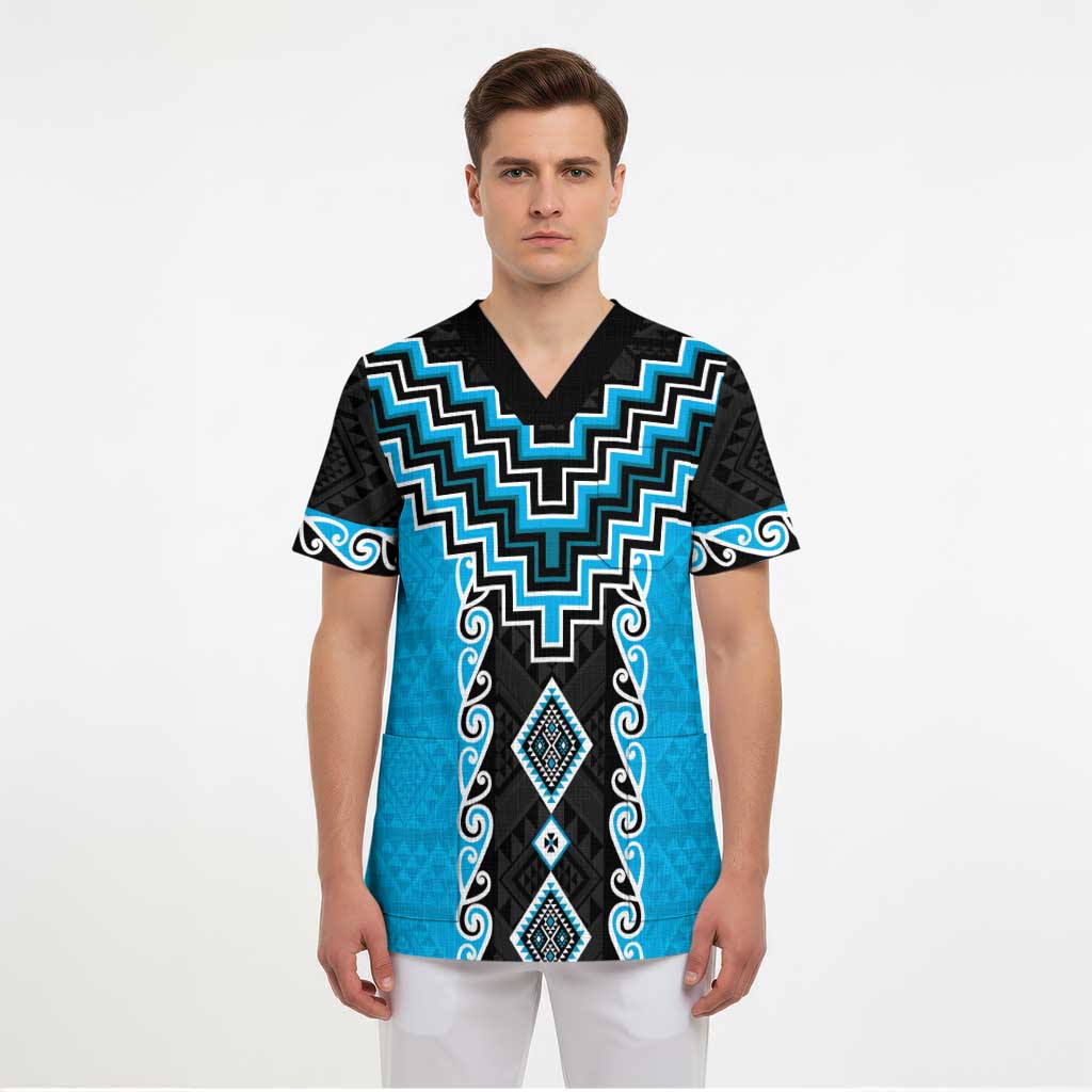 Sky Blue Niho Taniwha Mix Poutama Scrub Top Unique Taniko Aotearoa - Polynesian Pride