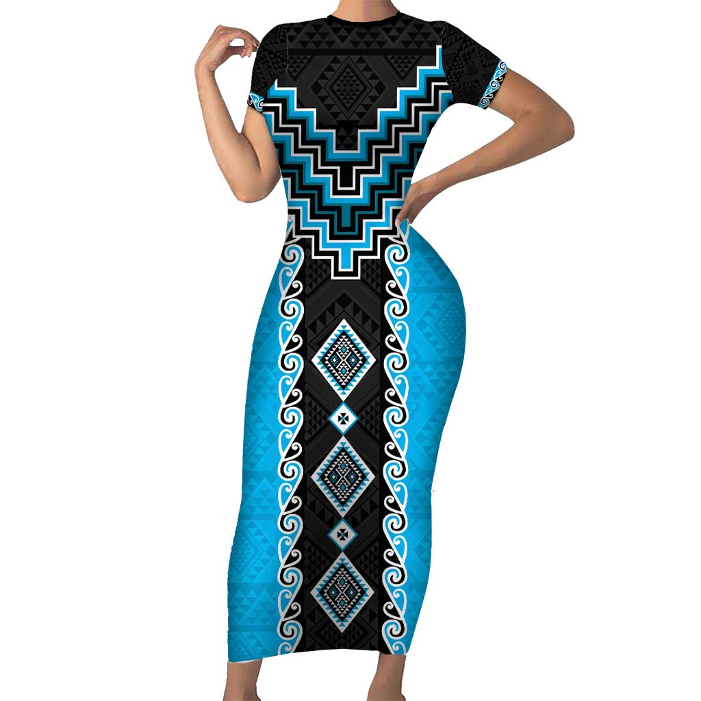 Sky Blue Niho Taniwha Mix Poutama Short Sleeve Bodycon Dress Unique Taniko Aotearoa