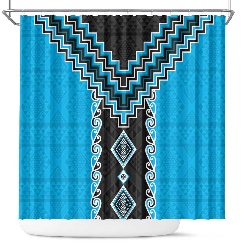 Sky Blue Niho Taniwha Mix Poutama Shower Curtain Unique Taniko Aotearoa LT01 Sky Blue - Polynesian Pride