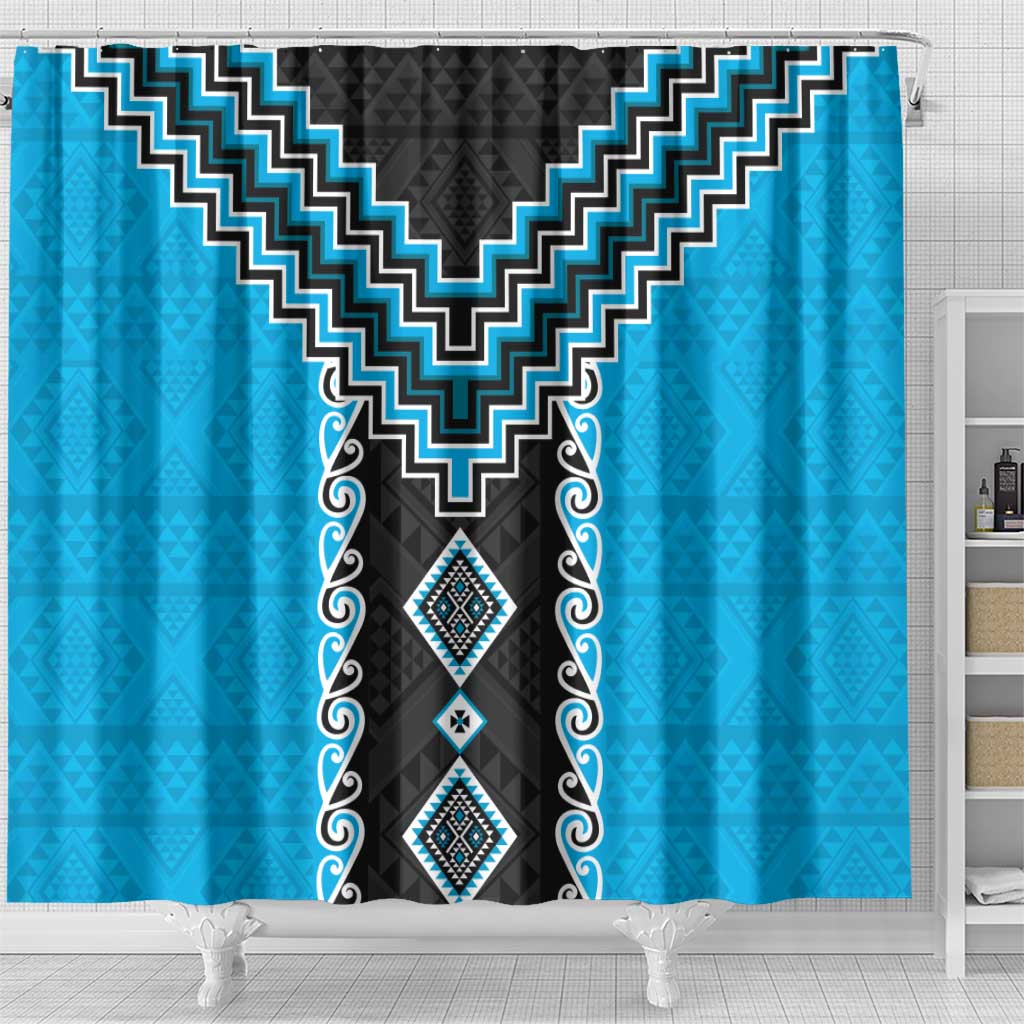Sky Blue Niho Taniwha Mix Poutama Shower Curtain Unique Taniko Aotearoa