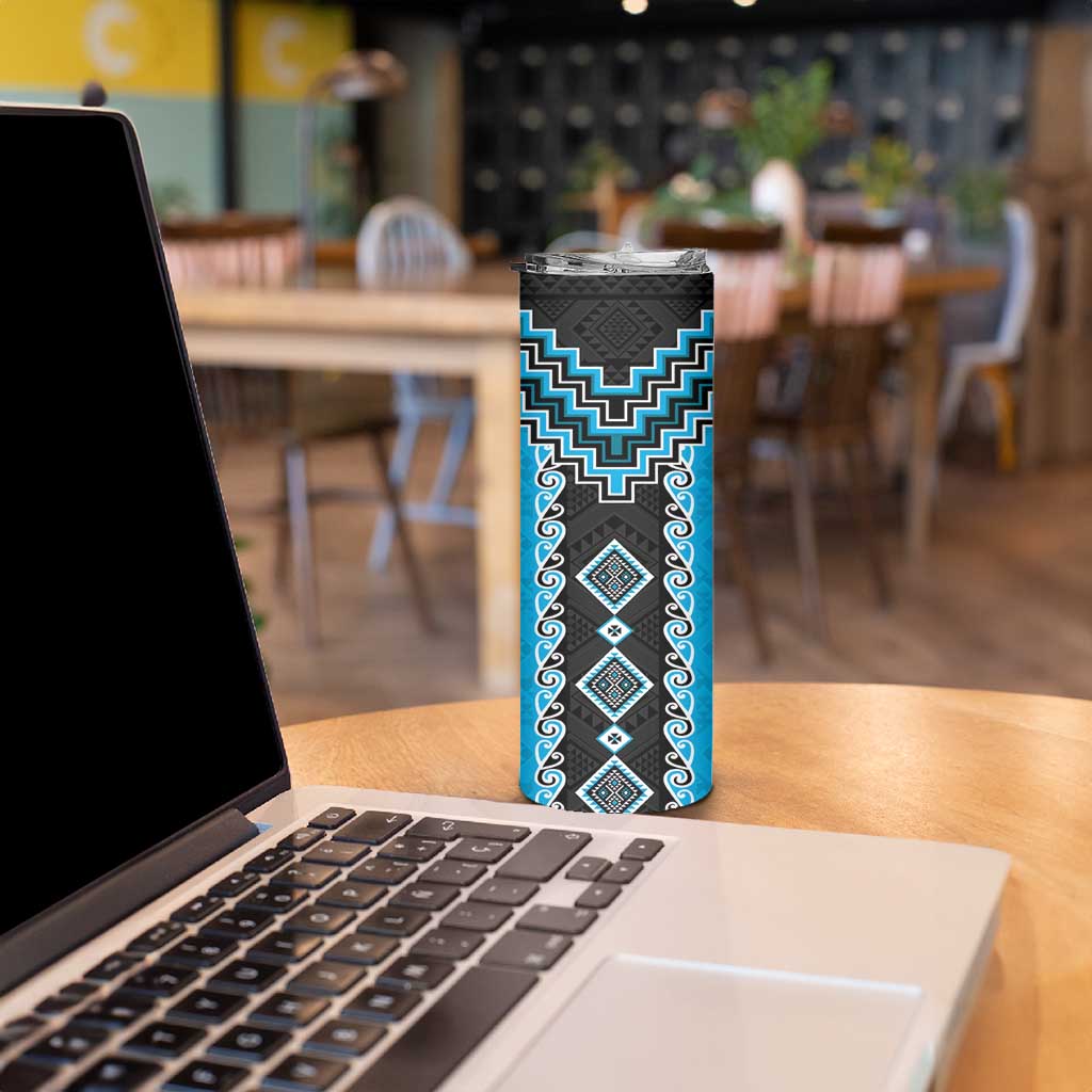 Sky Blue Niho Taniwha Mix Poutama Skinny Tumbler Unique Taniko Aotearoa