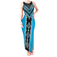 Sky Blue Niho Taniwha Mix Poutama Tank Maxi Dress Unique Taniko Aotearoa