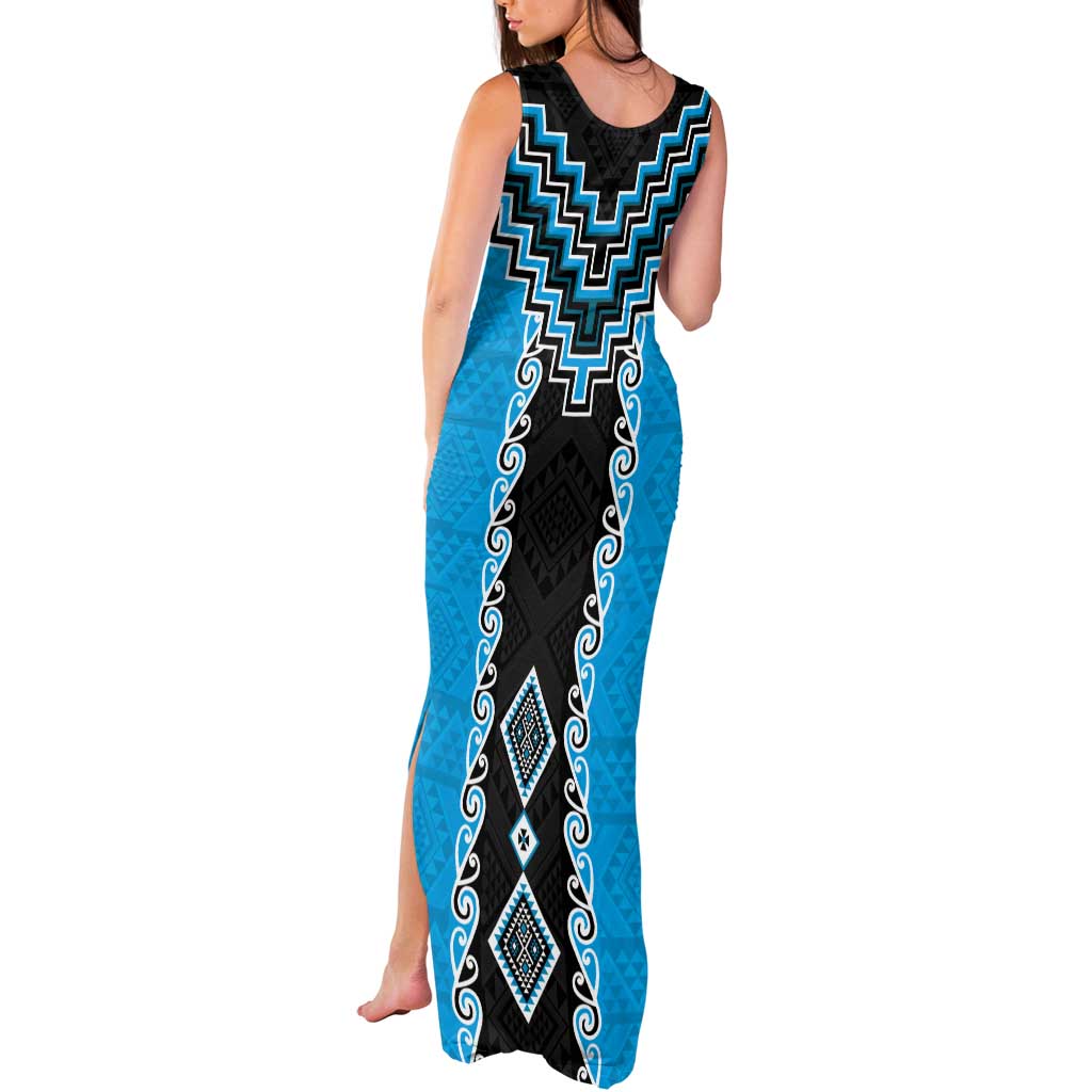 Sky Blue Niho Taniwha Mix Poutama Tank Maxi Dress Unique Taniko Aotearoa