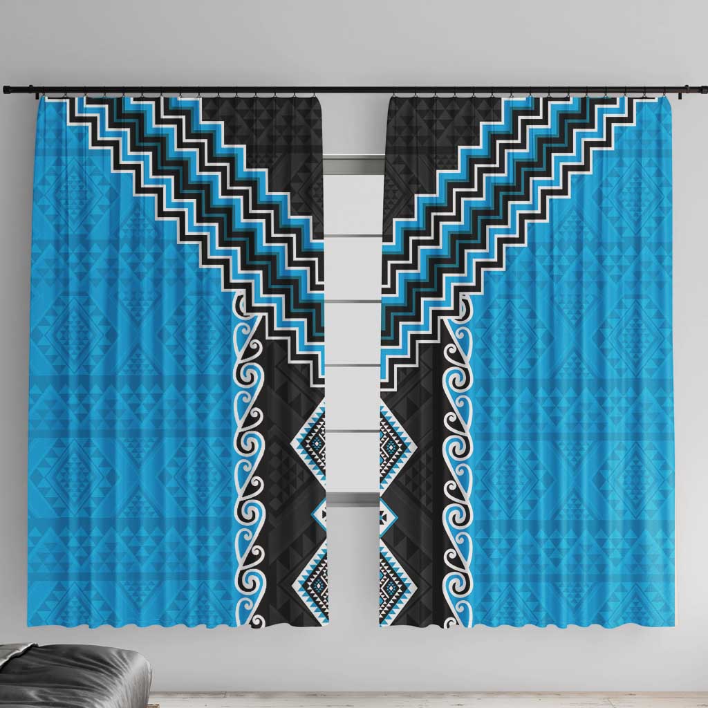 Sky Blue Niho Taniwha Mix Poutama Window Curtain Unique Taniko Aotearoa