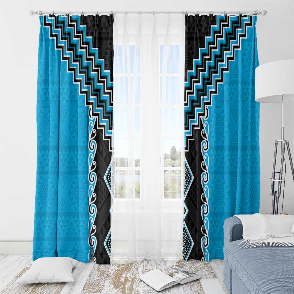 Sky Blue Niho Taniwha Mix Poutama Window Curtain Unique Taniko Aotearoa