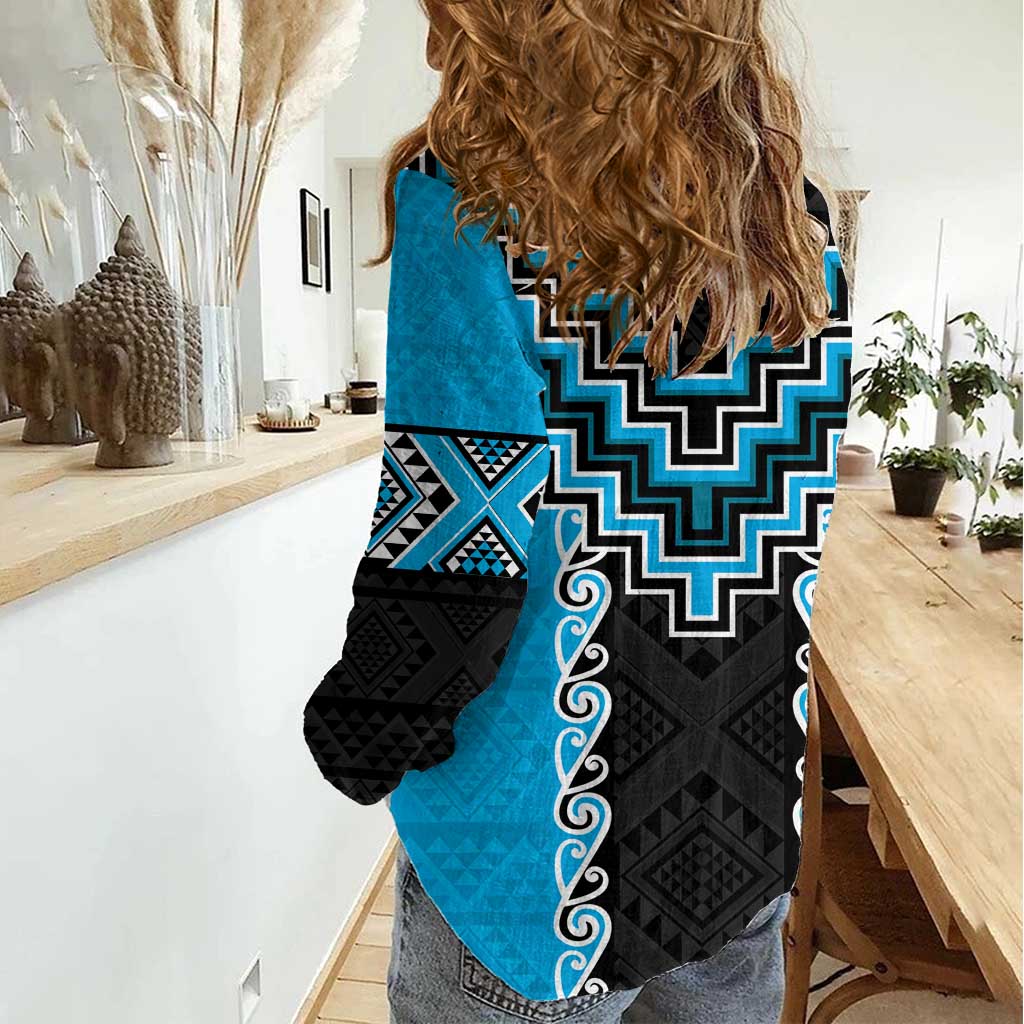 Sky Blue Niho Taniwha Mix Poutama Women Casual Shirt Unique Taniko Aotearoa