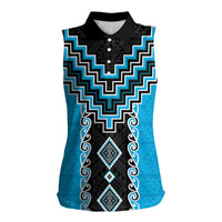 Sky Blue Niho Taniwha Mix Poutama Women Sleeveless Polo Shirt Unique Taniko Aotearoa