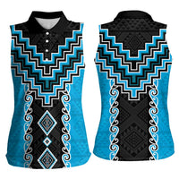 Sky Blue Niho Taniwha Mix Poutama Women Sleeveless Polo Shirt Unique Taniko Aotearoa