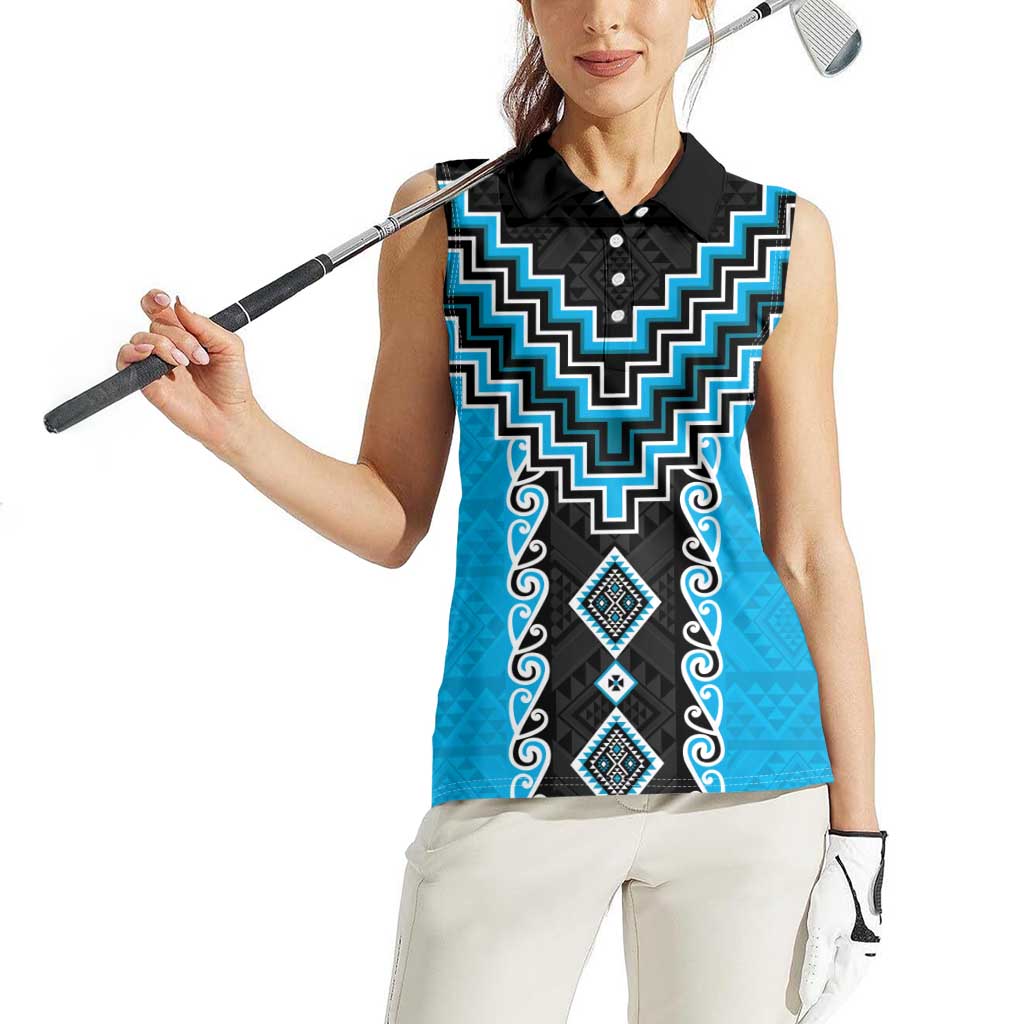 Sky Blue Niho Taniwha Mix Poutama Women Sleeveless Polo Shirt Unique Taniko Aotearoa