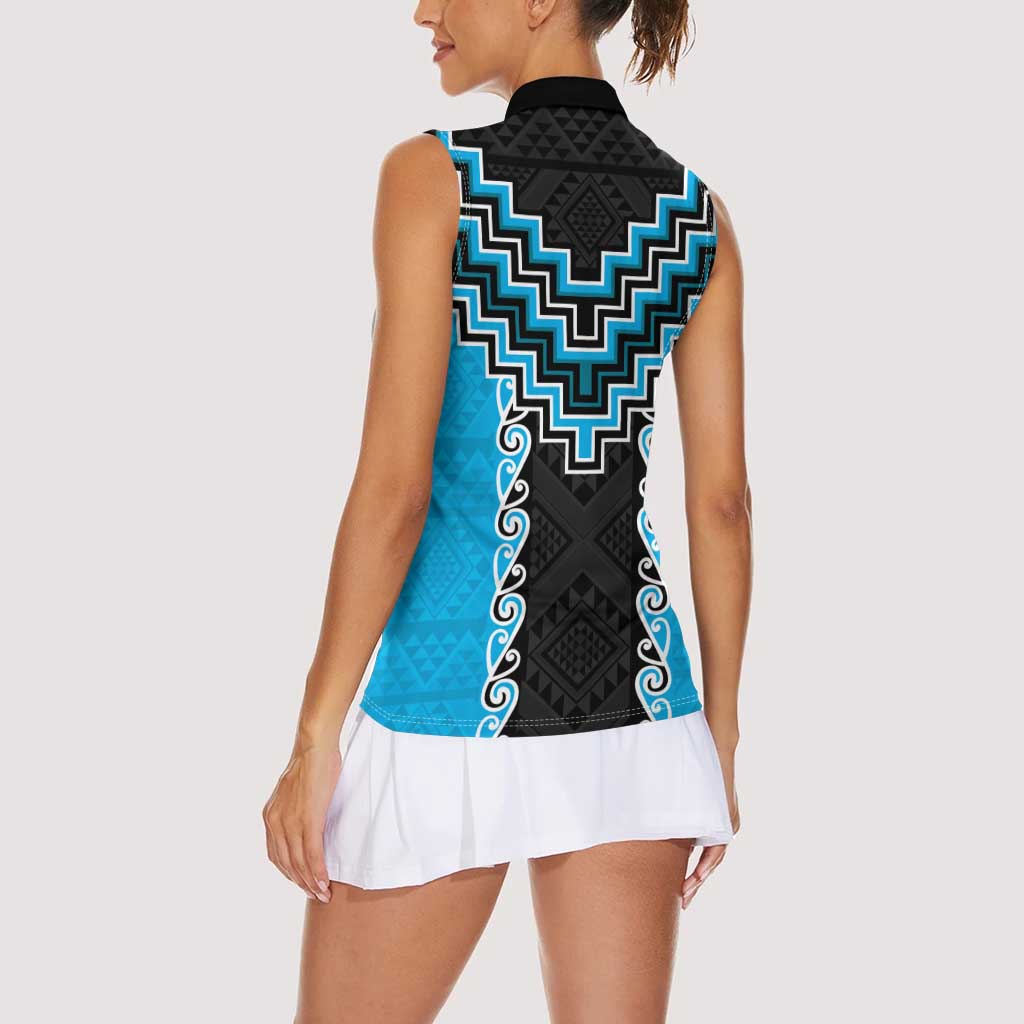 Sky Blue Niho Taniwha Mix Poutama Women Sleeveless Polo Shirt Unique Taniko Aotearoa