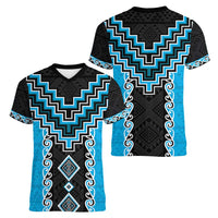Sky Blue Niho Taniwha Mix Poutama Women V-Neck T-Shirt Unique Taniko Aotearoa