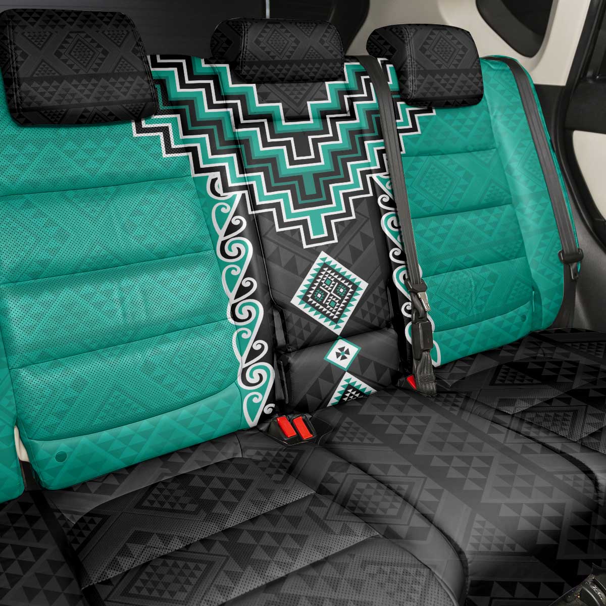 Teal Niho Taniwha Mix Poutama Back Car Seat Cover Unique Taniko Aotearoa