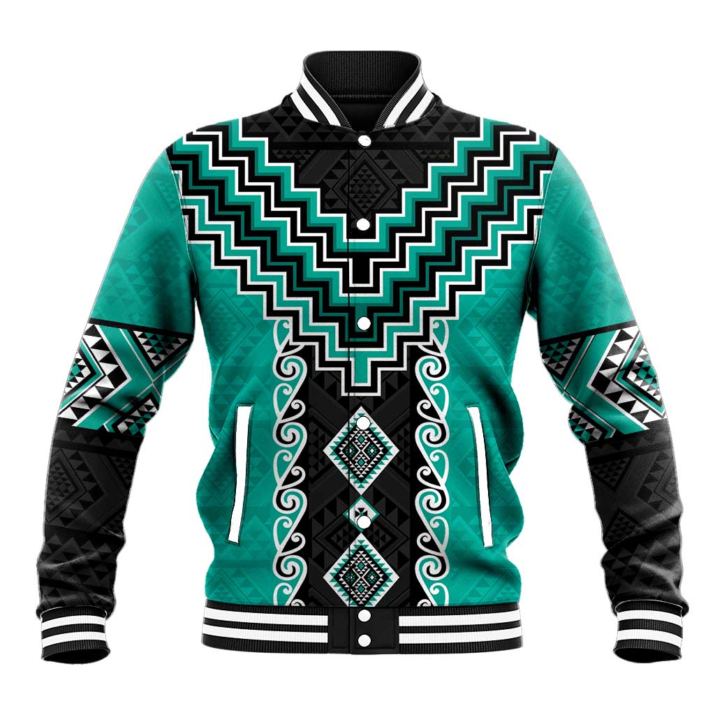 Teal Niho Taniwha Mix Poutama Baseball Jacket Unique Taniko Aotearoa LT01 Unisex Teal - Polynesian Pride