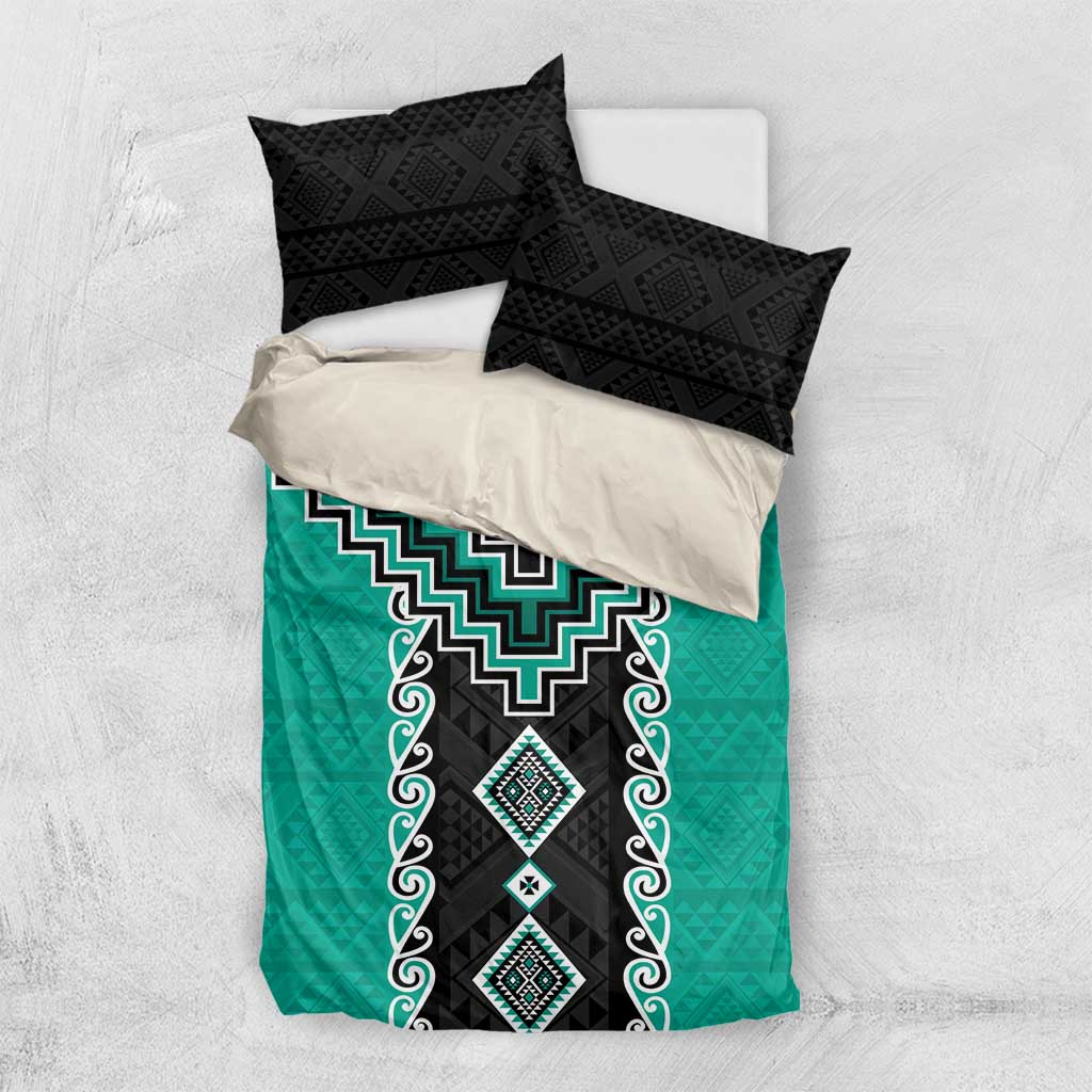 Teal Niho Taniwha Mix Poutama Bedding Set Unique Taniko Aotearoa