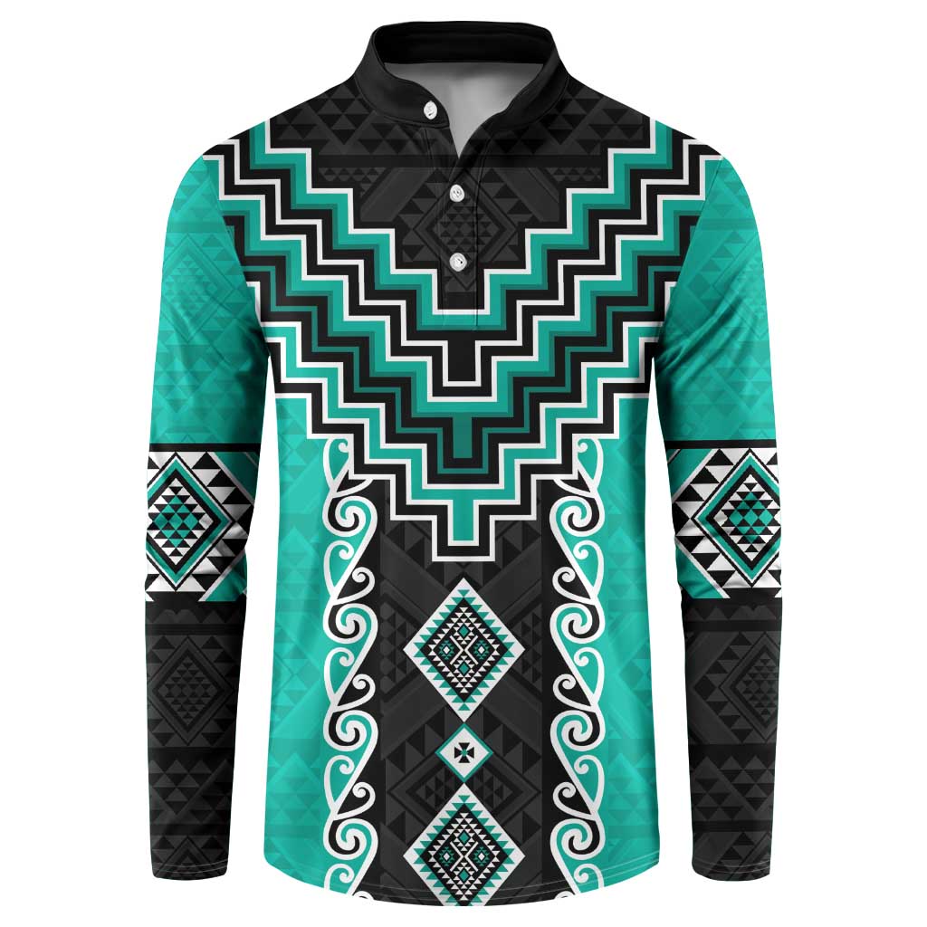 Teal Niho Taniwha Mix Poutama Button Sweatshirt Unique Taniko Aotearoa