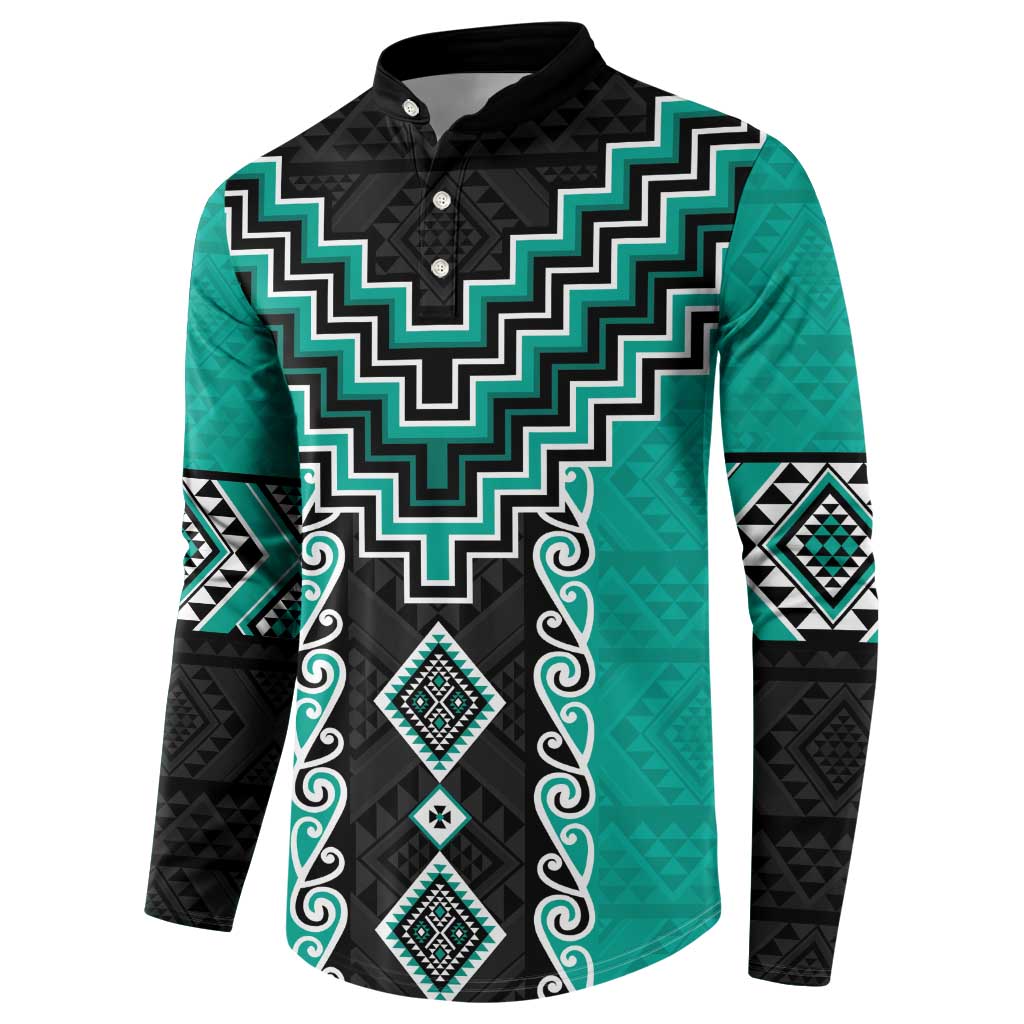 Teal Niho Taniwha Mix Poutama Button Sweatshirt Unique Taniko Aotearoa