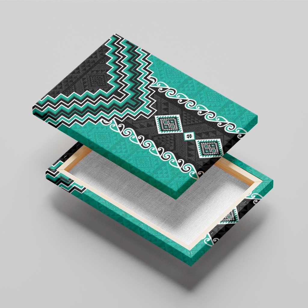 Teal Niho Taniwha Mix Poutama Canvas Wall Art Unique Taniko Aotearoa