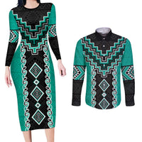 Teal Niho Taniwha Mix Poutama Couples Matching Long Sleeve Bodycon Dress and Long Sleeve Button Shirt Unique Taniko Aotearoa