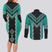 Teal Niho Taniwha Mix Poutama Couples Matching Long Sleeve Bodycon Dress and Long Sleeve Button Shirt Unique Taniko Aotearoa