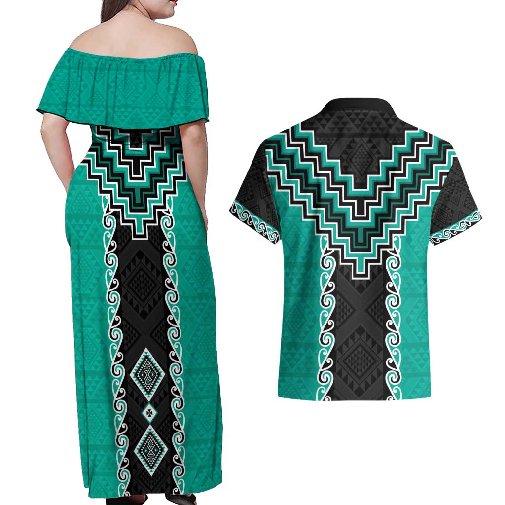 Teal Niho Taniwha Mix Poutama Couples Matching Off Shoulder Maxi Dress and Hawaiian Shirt Unique Taniko Aotearoa