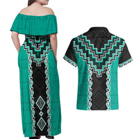 Teal Niho Taniwha Mix Poutama Couples Matching Off Shoulder Maxi Dress and Hawaiian Shirt Unique Taniko Aotearoa