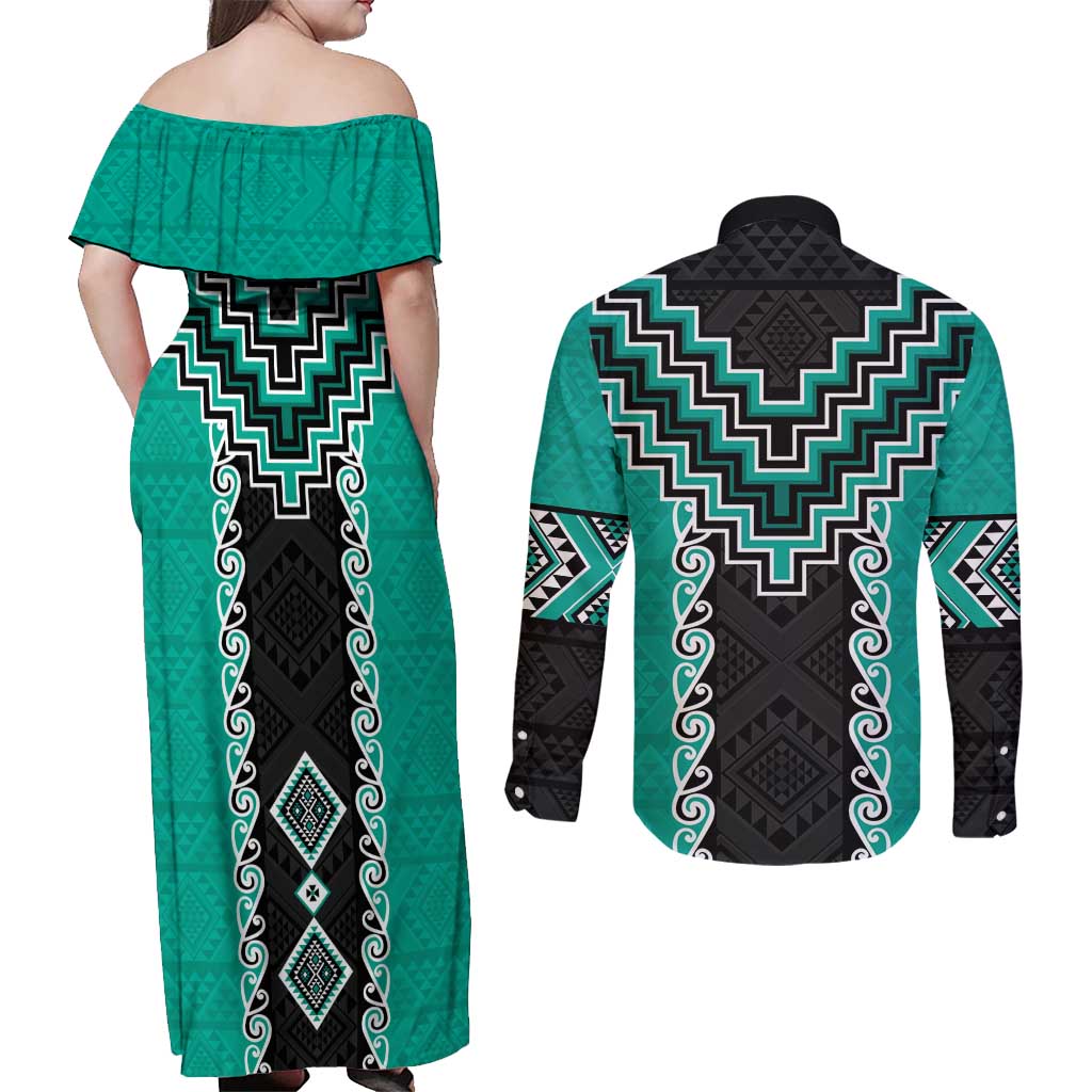 Teal Niho Taniwha Mix Poutama Couples Matching Off Shoulder Maxi Dress and Long Sleeve Button Shirt Unique Taniko Aotearoa LT01 - Polynesian Pride