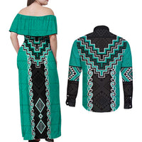 Teal Niho Taniwha Mix Poutama Couples Matching Off Shoulder Maxi Dress and Long Sleeve Button Shirt Unique Taniko Aotearoa LT01 - Polynesian Pride