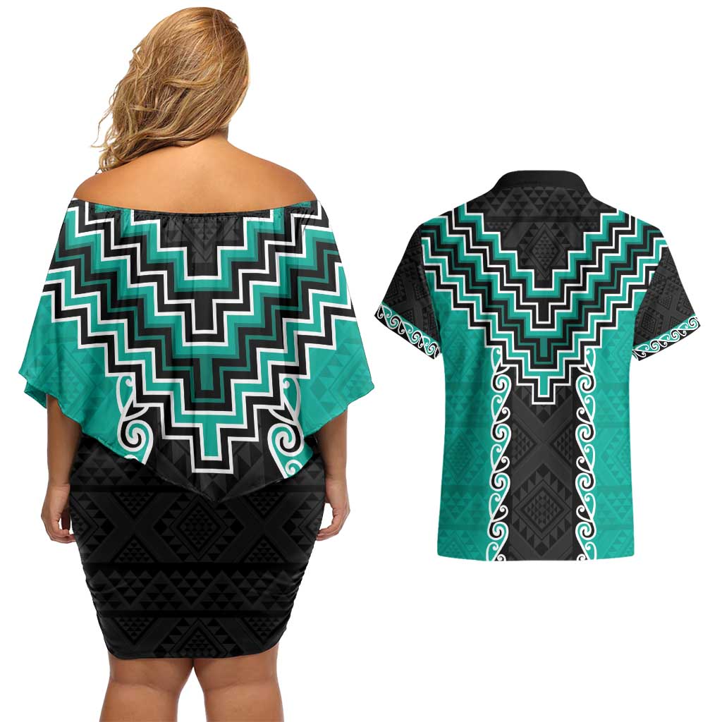 Teal Niho Taniwha Mix Poutama Couples Matching Off Shoulder Short Dress and Hawaiian Shirt Unique Taniko Aotearoa