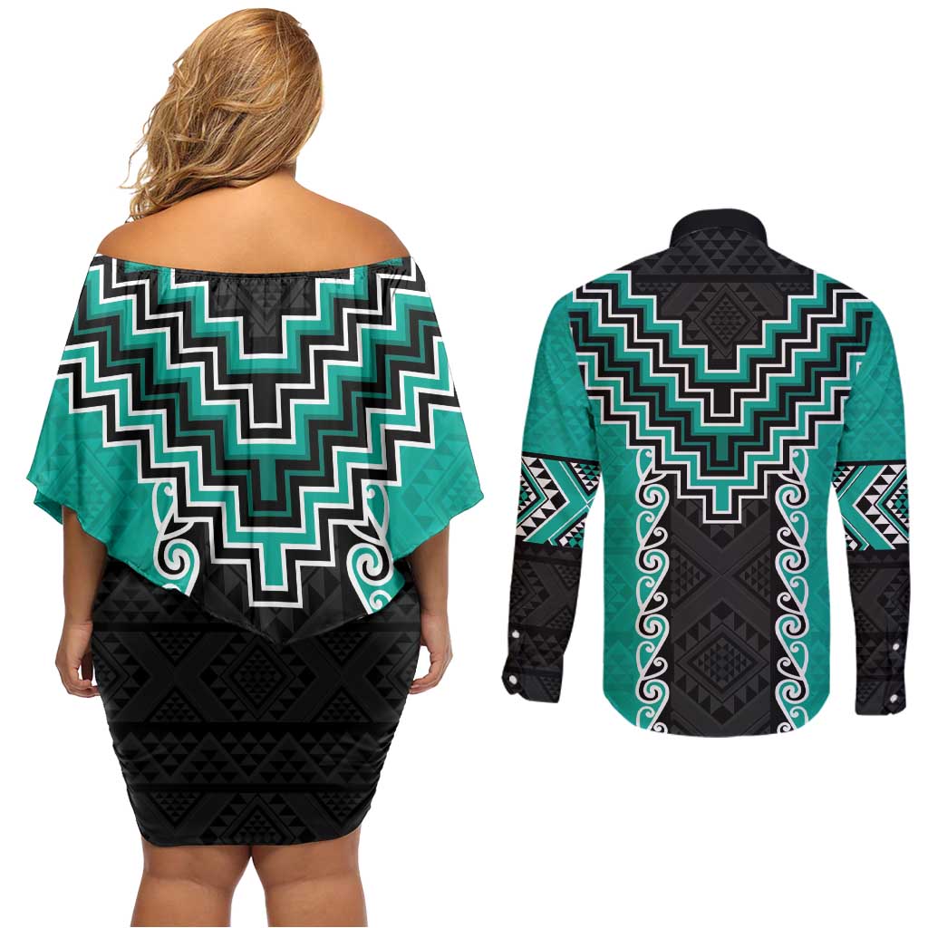 Teal Niho Taniwha Mix Poutama Couples Matching Off Shoulder Short Dress and Long Sleeve Button Shirt Unique Taniko Aotearoa
