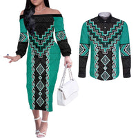 Teal Niho Taniwha Mix Poutama Couples Matching Off The Shoulder Long Sleeve Dress and Long Sleeve Button Shirt Unique Taniko Aotearoa