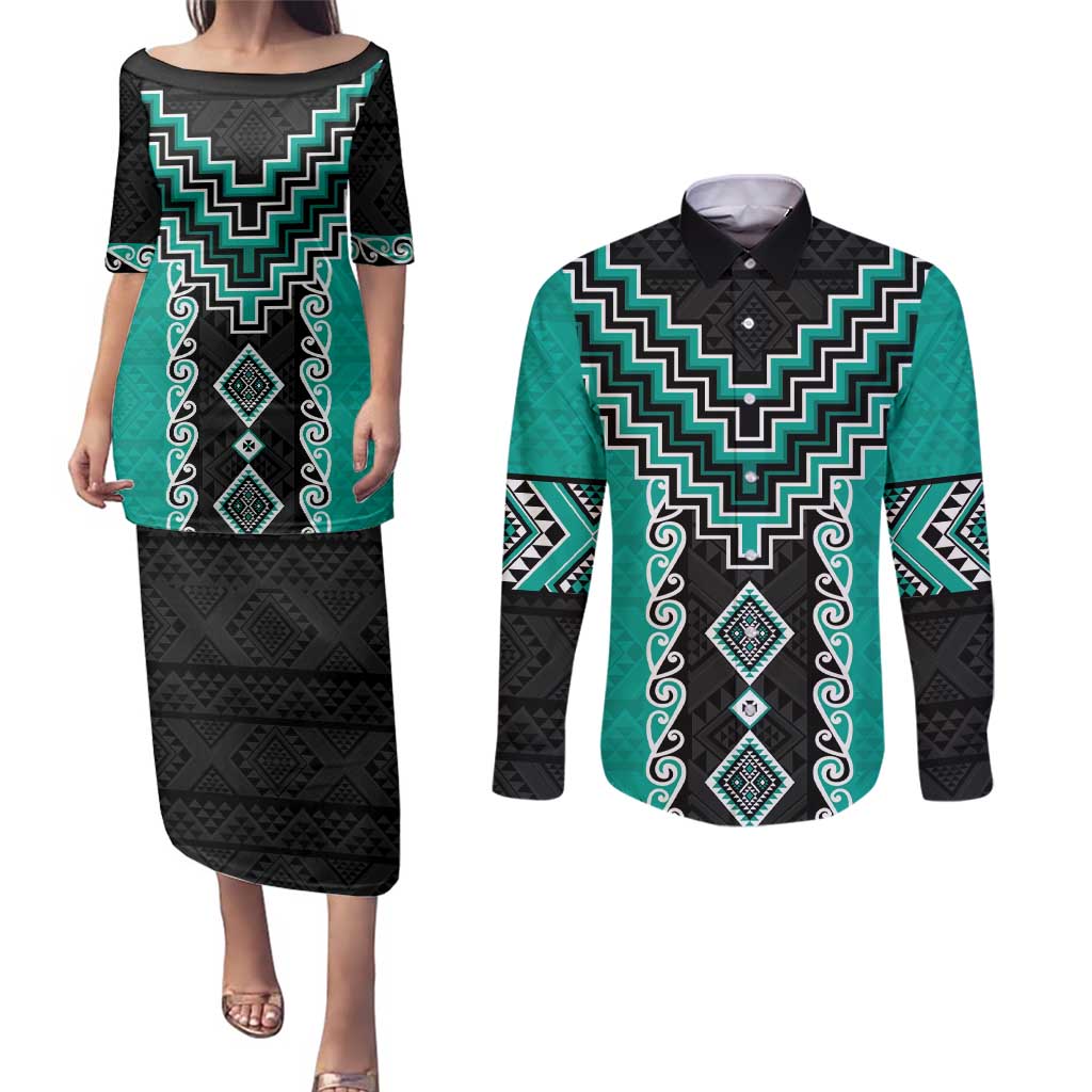 Teal Niho Taniwha Mix Poutama Couples Matching Puletasi and Long Sleeve Button Shirt Unique Taniko Aotearoa
